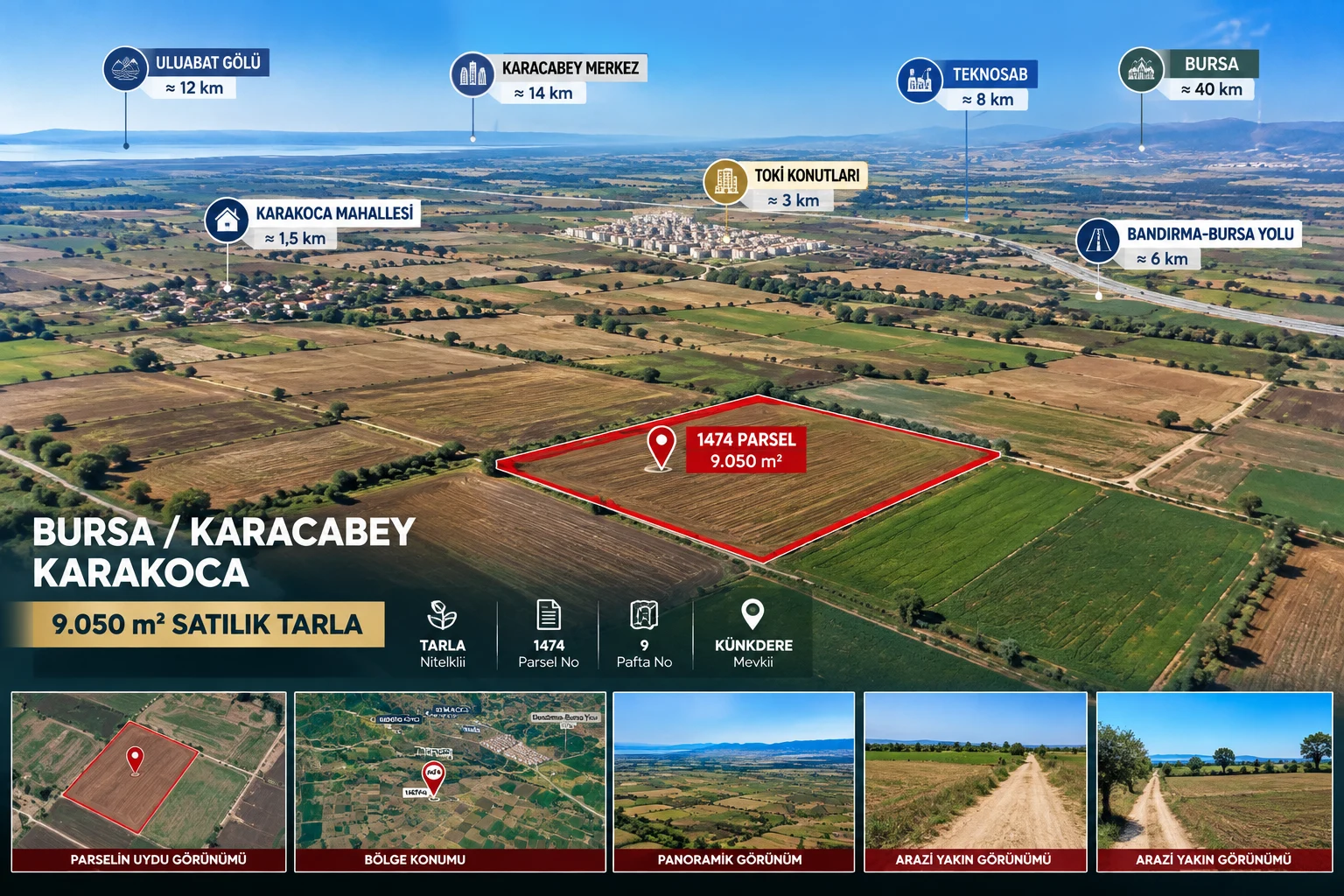 Bursa Karacabey Karakoca 9.050 m2 müstakil tapulu satılık tarla arazi kuşağı BURSABROKER