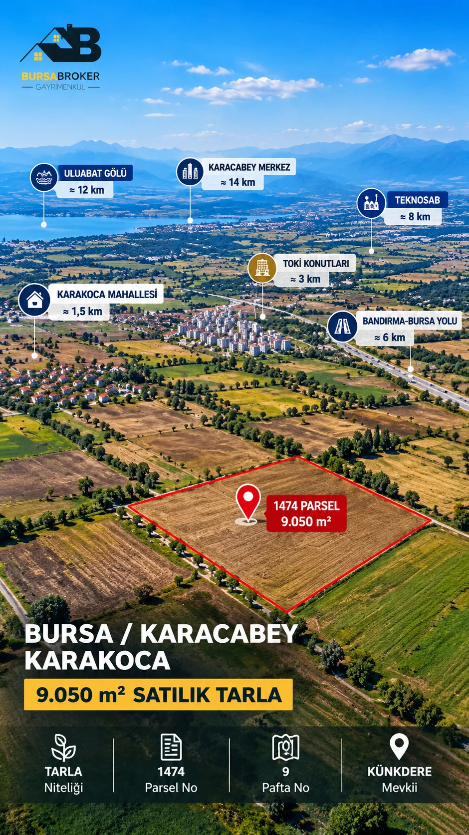 Bursa Karacabey Karakoca 9.050 m2 müstakil tapulu satılık tarla arazi kuşağı BURSABROKER