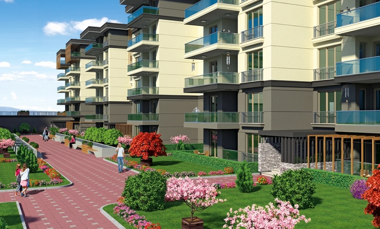 Bursa Osmangazi Soğanlı Yükselenpark Yakut Sitesi dış cephe mimarisi ve peyzaj alanları.