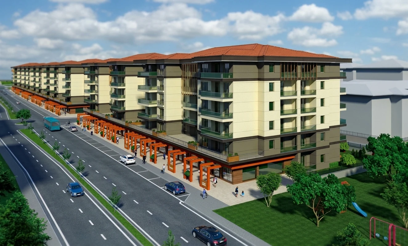 Projenin bulvar cephesine bakan, cam korkuluklu ferah balkon alanı ve sokak perspektifi.